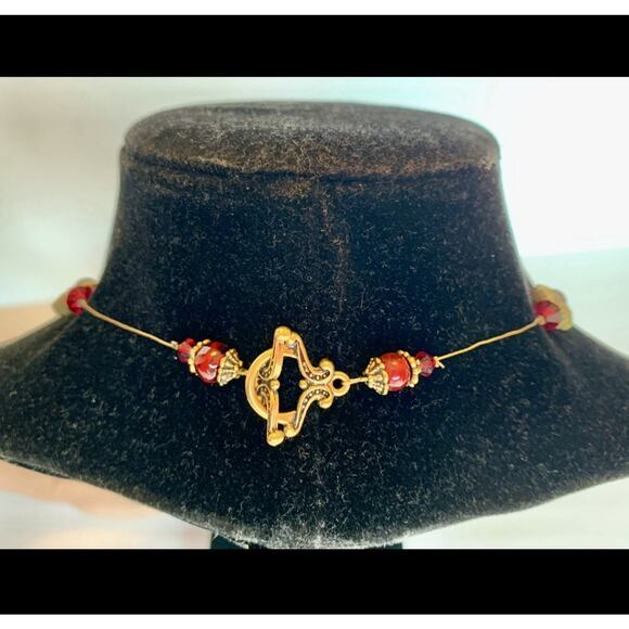 Vintage Look Gold Bronze Tone Red Glass Drop Beads Necklace, Handmade NEW - Picture 7 of 8
